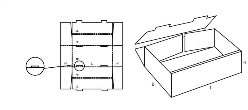 Krempelverpackung Fefco 0423 doppelte Längsseite technische Zeichnung